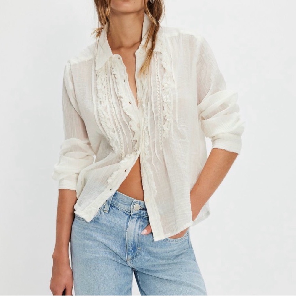 Free People FP One Drew Tuxedo Shirt Ruffle Gauze Button Top NEW NWOT